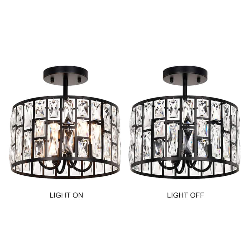 Justina 4-light Black Crystal Glass Prism Round Drum Shade Flush Mount - 14.1 inches in diameter x 13 inches H