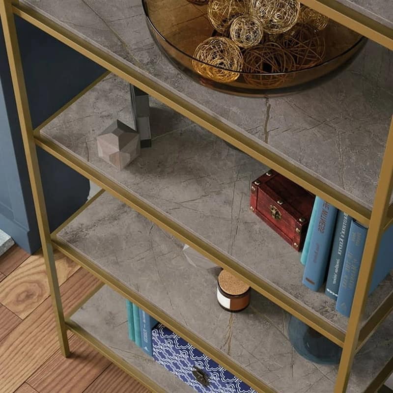 Metal Etagere Bookcase with 5 Safety Tempered Glass Shelves Freestanding Display Rack for Living Room Bedroom Office