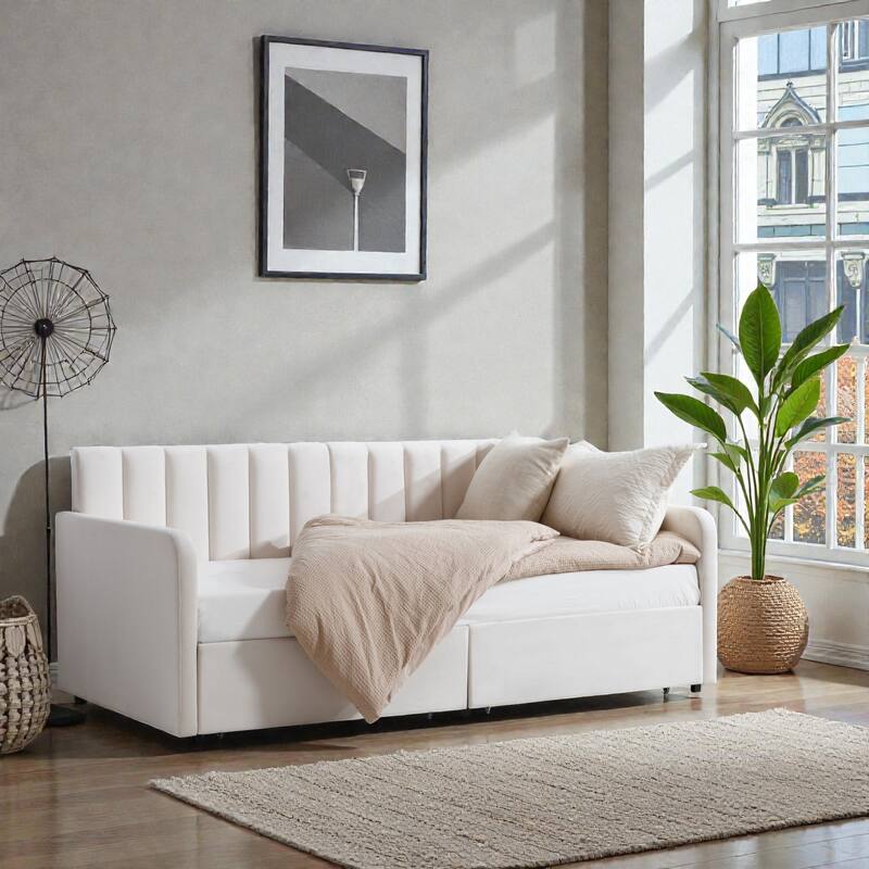 Twin Upholstered Daybed with 2 Storage Drawers, Ivory Velvet Boucle Daybed with Ribbed Tufted Backrest, Modern Design