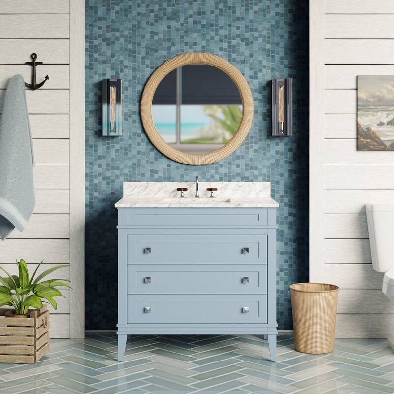 KitchenBathCollection Eleanor 36" Bathroom Vanity with Carrara Marble Top - Powder Blue