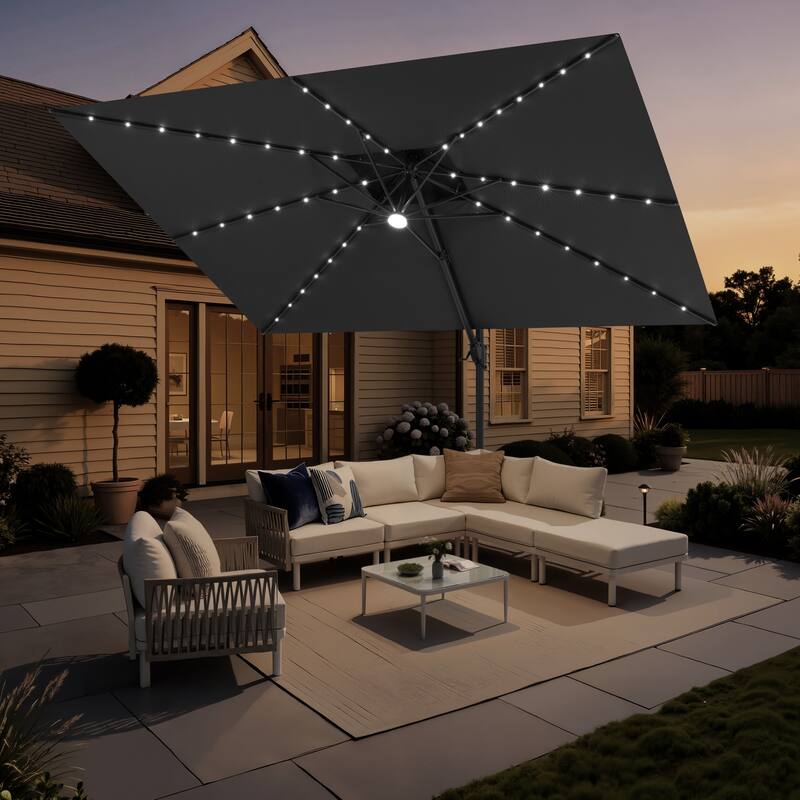 12 x 9 FT Outdoor Patio Cantilever Umbrella with Solar Lights Double Canopy 360 Rotation Tilt