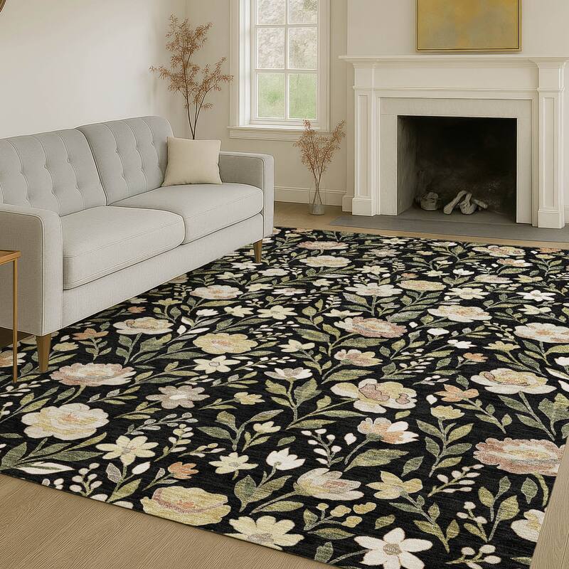 Machine Washable Indoor/ Outdoor Floral Garden Chantille Rug
