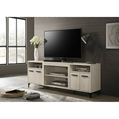 70"W Oak Finish 4-Door TV Stand, Open Shelves with Adjustable Center Shelf