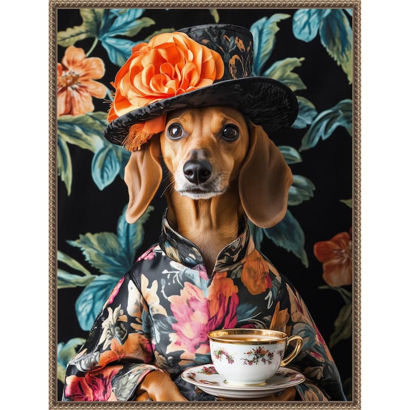 Tea Time Dachshund by Mowzu Framed Canvas Wall Art