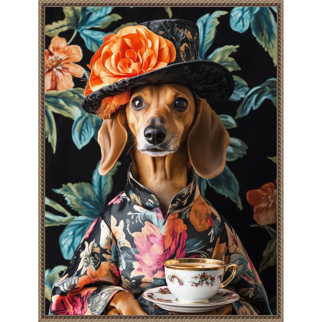 Tea Time Dachshund by Mowzu Framed Canvas Wall Art
