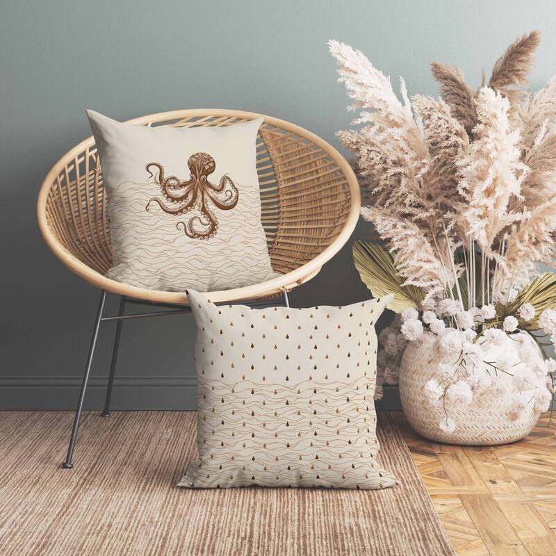 Oceanic Octo Art Faux Suede Reversible Throw Pillow Cream and Coffee