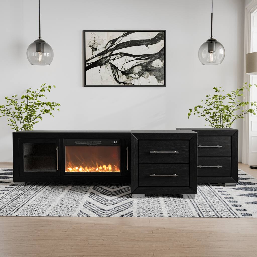 Furniture of America Alaric Modern Black Solid Wood 72-inch Fireplace TV Stand and 2 Nightstand Bedroom Set