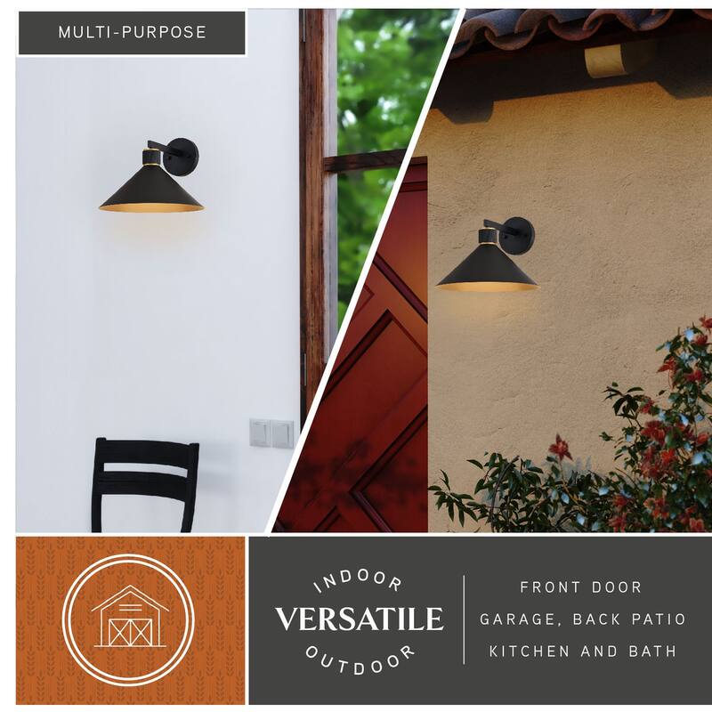 Dunbar 1 Light Matte Black and Gold Contemporary Outdoor Wall Sconce Metal Shade