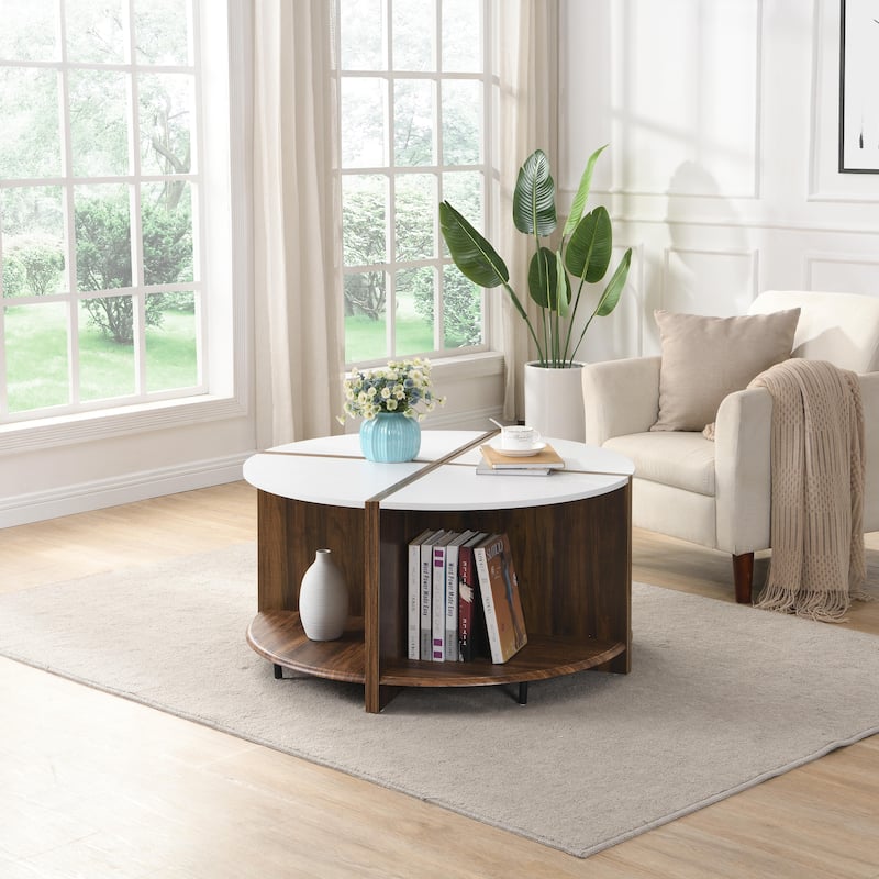 Industrial Round Coffee Table Double Layer Coffee Table with Storage Space, for Living Room Garden, White - White