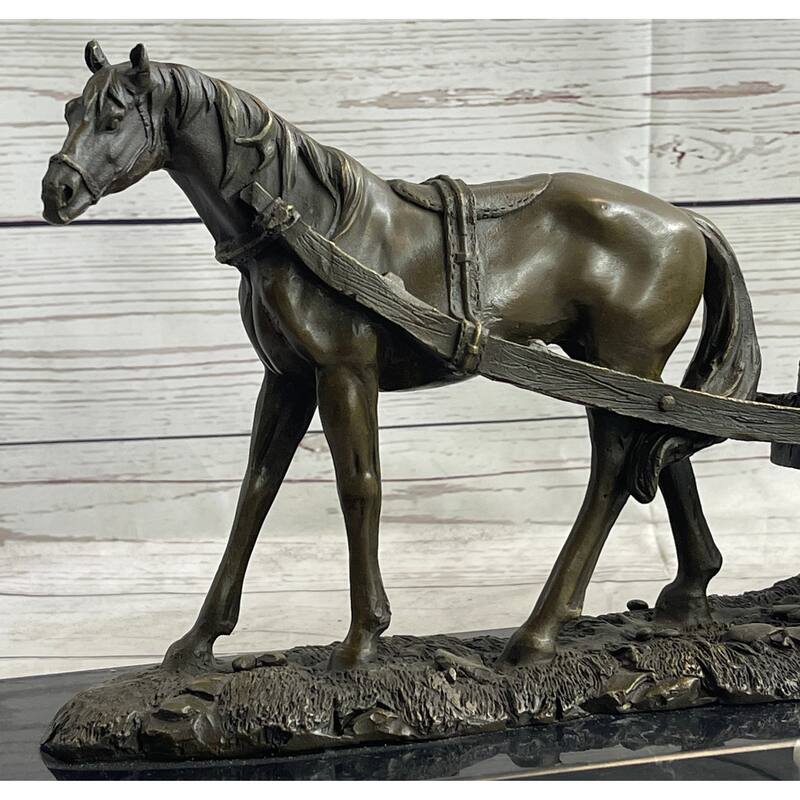 Signed Original Working Imitative Horse With Carriage Bronze Statue Sculpture Figurine Art