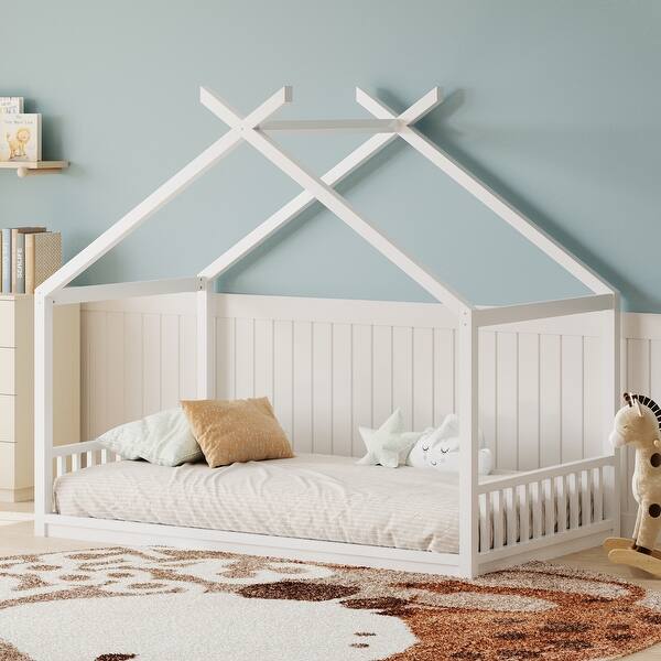 slide 2 of 16, Kids' House Bed Frame with Wooden Fence by Harper & Bright Designs White - Twin
