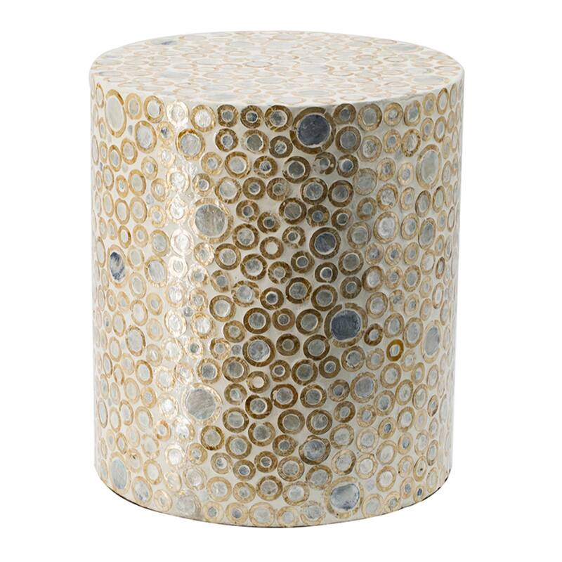 Abstract Dotted Cylindrical Capiz Stool - 15.75" - White and Gold
