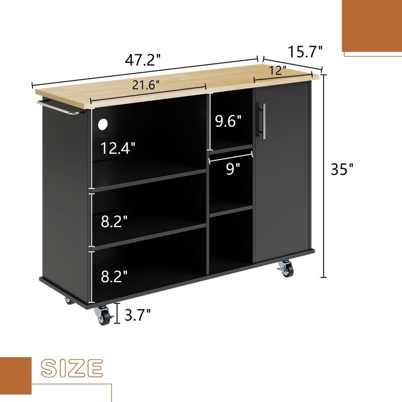 Futzca 47”W Kitchen Storage Island Cart with 6 Open Shelves and 1 Cabinet