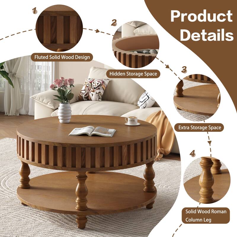 Farmhouse 31.49" Round Coffee Table with Storage and Flip-Top Lids for Rustic Living Room Organization and Style