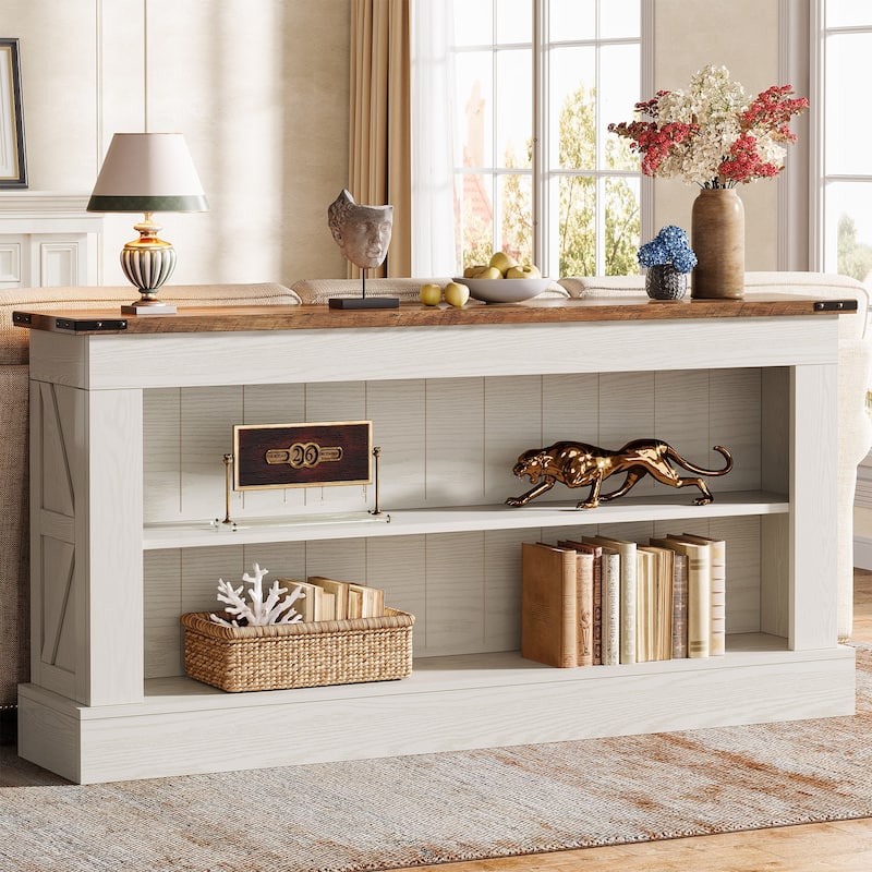 63 Inch Long Console Table with 3 Tiers Storage Shelves for Entryway - 11.81"D x 63"W x 33.3"H - White and Brown