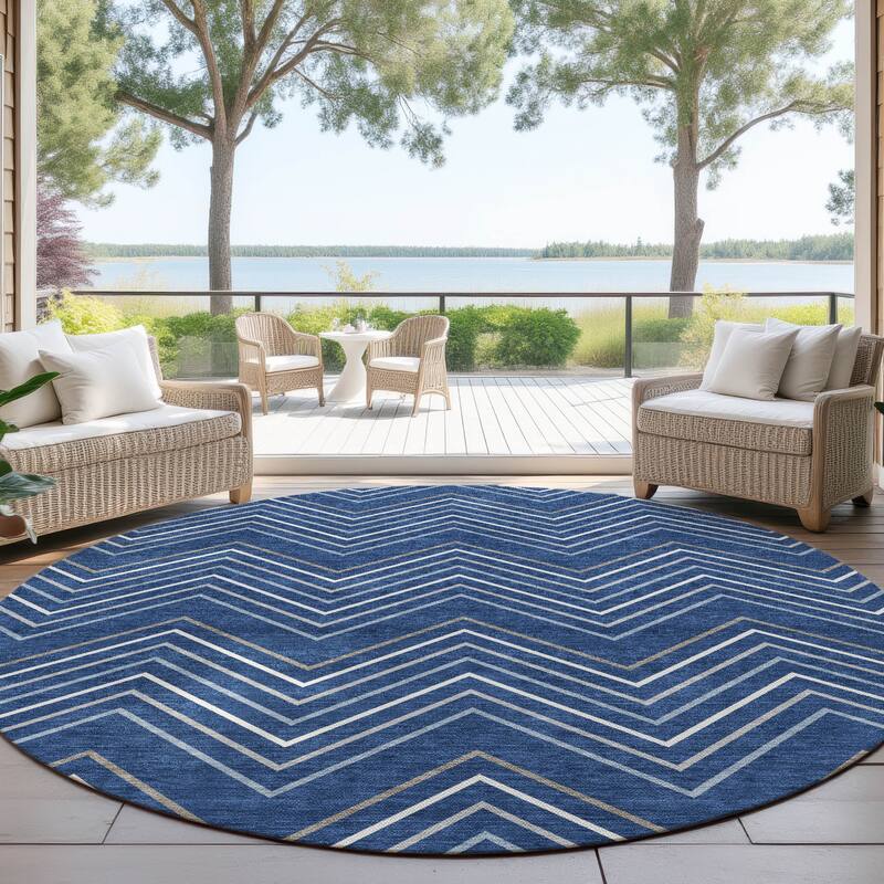 Machine Washable Indoor/ Outdoor Modern Chevron Chantille Rug - Navy - 8' x 8'