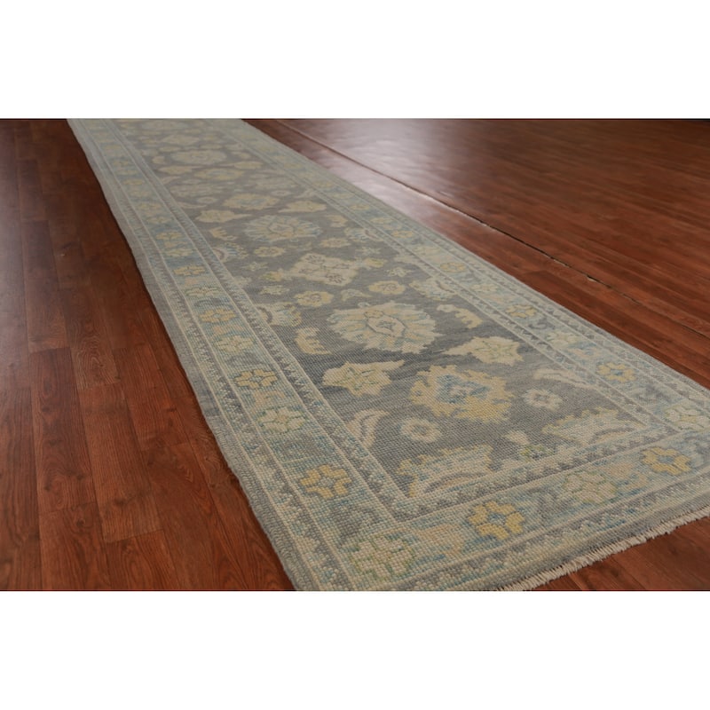 Hand Knotted Oriental 100% Wool Carpet Transitional Floral Greys & Charcoal Oushak Runner Rug - 14' 7'' X 3' 4''