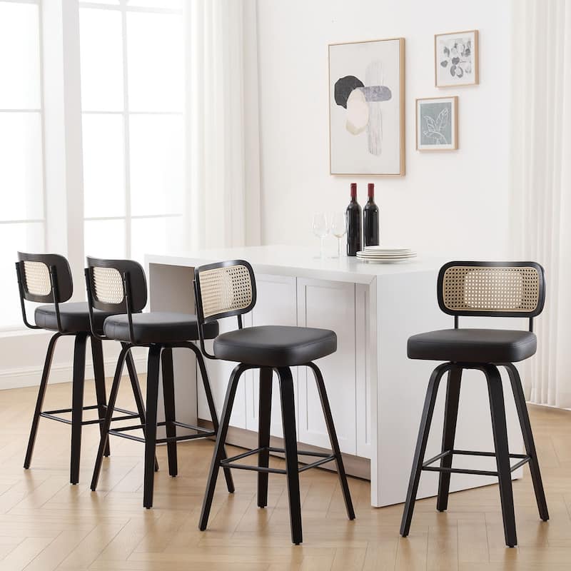 26"/29" Swivel Counter/Bar Stools with Black Bentwood Legs - Set of 4 - Black-Rattan Back - Bar Height