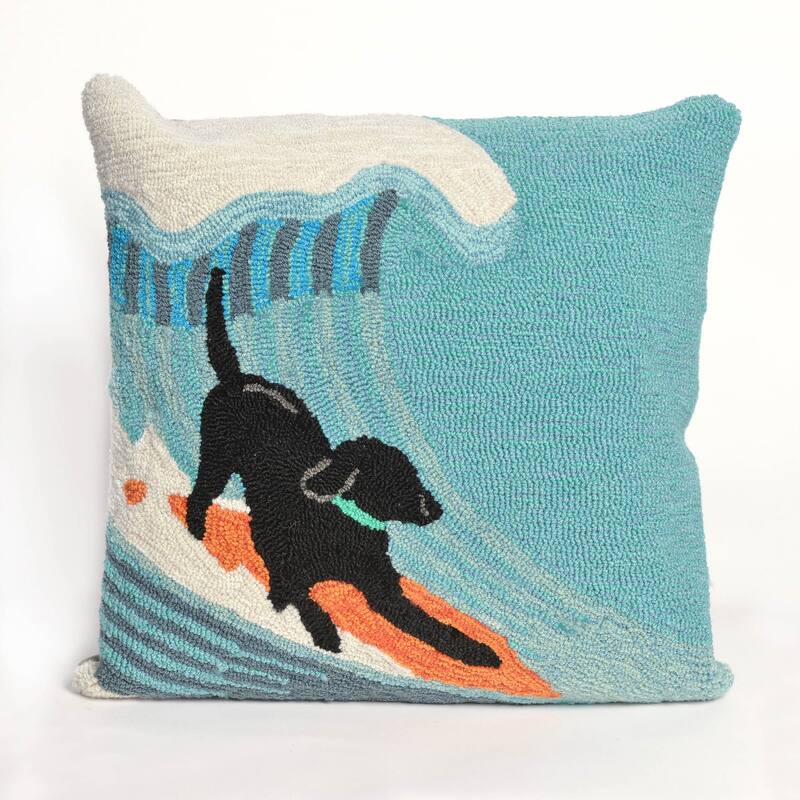 Liora Manne Frontporch Surfing Dog Indoor/Outdoor Pillow Ocean 18" Square