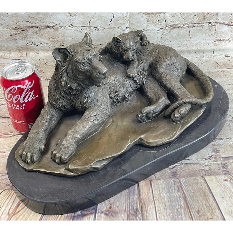 Tiger Family Mother Cub Bronze Statue Sculpture Figure Marble Base Original Art 8 Inches X 16 Inches