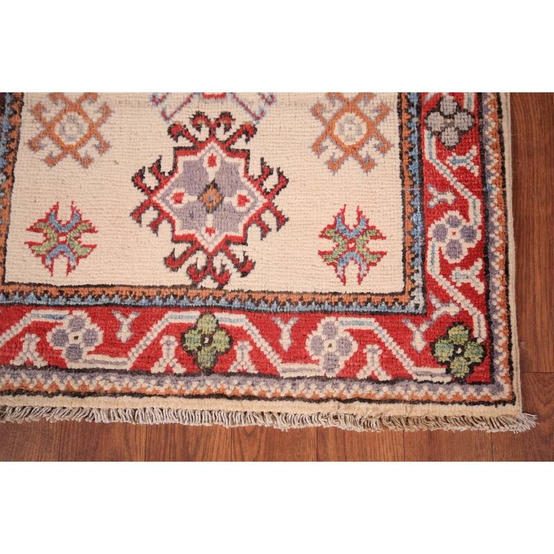 Ivory Geometric Kazak Oriental Foyer Rug Hand-Knotted Wool Carpet - 2'0" x 3'0"
