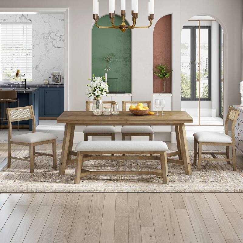 Dining Set, Rectangular Table and 4 Upholstered Chairs with Rattan and Bench
