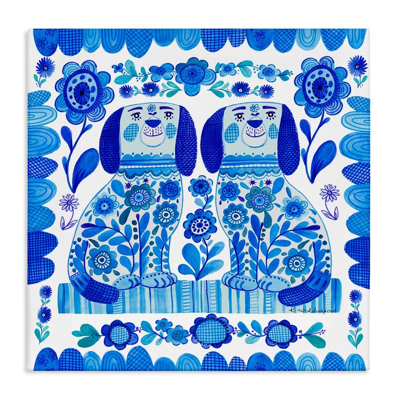 Stupell Blue Folk Style Puppies Canvas Wall Art Design By Kay Widdowson - 17 x 17