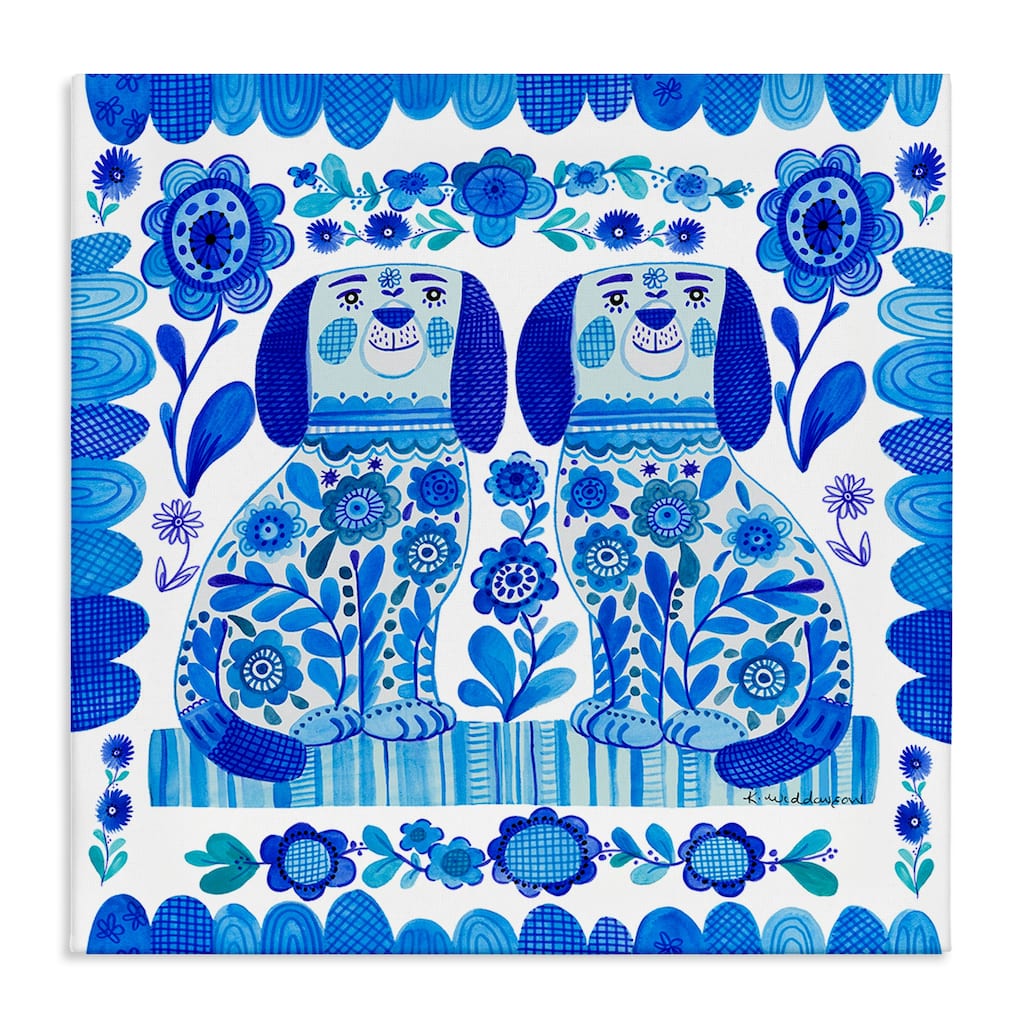 Stupell Blue Folk Style Puppies Canvas Wall Art Design By Kay Widdowson