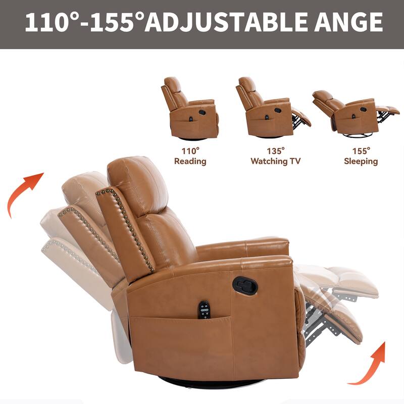Roomfitters Genuine Leather Swivel Rocker Recliner, Manual Massage Glider with Heat and Top Grain Cowhide, Living Room
