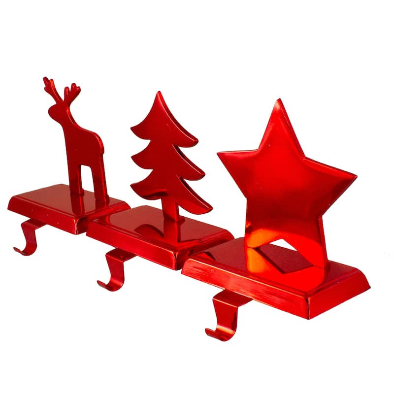 Reindeer Christmas Tree and Star Metallic Red Christmas Stocking Holders - 5.5"