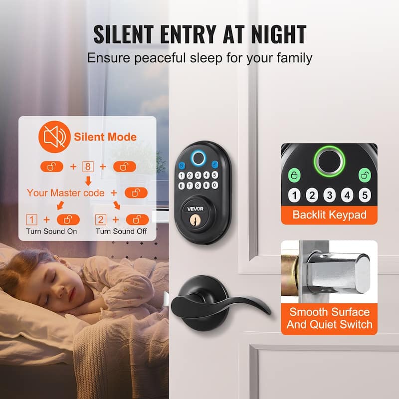 Aluminum Fingerprint Door Lock with Keypad and Constant Unlock - 4.8 x 2.8 inches
