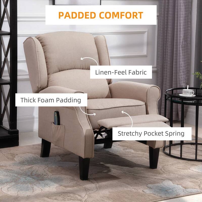 Linen Upholstered Recliner Sofa with Heat & Dual Massage Motors, Manual Reclining & Remote Control