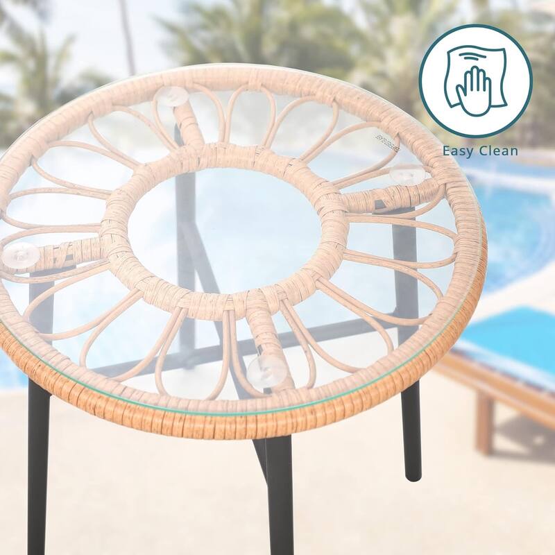 3 Piece Patio Furniture Outdoor Conversation Bistro Set with Tempered Coffee Table and Wicker Chairs for Garden Balcony Backyard