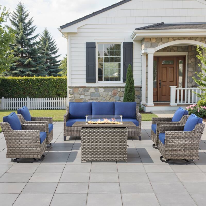 Pocassy Outdoor Swivel Chair with Sofa with Fire Pit Table - Blue Cushion Gray Wicker - 6-Piece Fire Pit Table w/ Sofa Swivel Chair