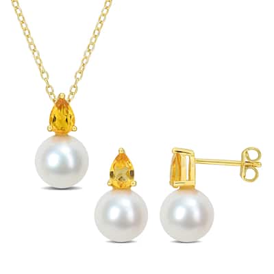 Miadora Cultured Freshwater Pearl 1 1/6ct TGW Citrine Pendant Chain Earrings Set Yellow Silver