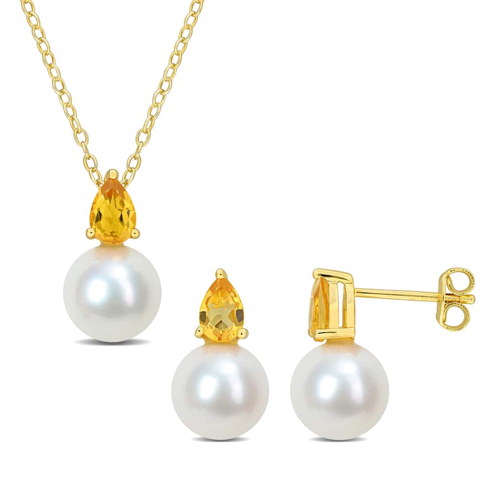 Miadora Cultured Freshwater Pearl 1 1/6ct TGW Citrine Pendant Chain Earrings Set Yellow Silver