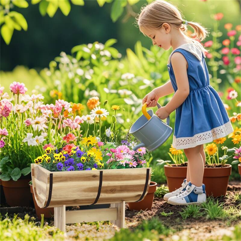 Outdoor Wooden Planter Solid Acacia Wood Half-Barrel Planter Box With Legs - Natural - 18" x 12" x 11.5"