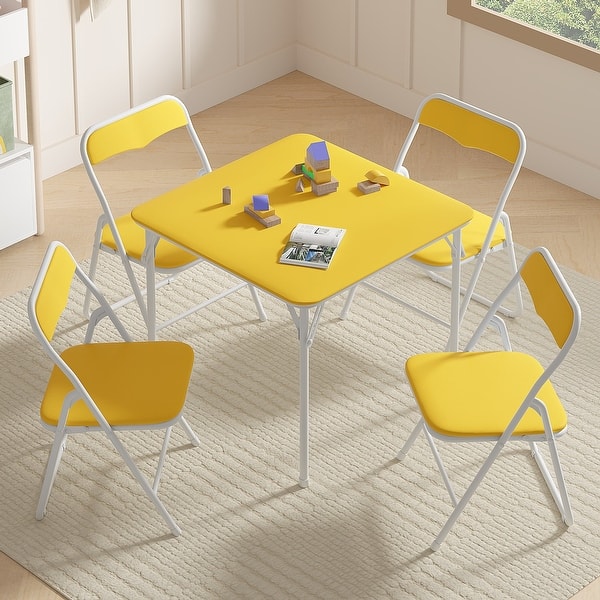 slide 2 of 9, Boys and Girls Folding Table and Chairs Set of 5 Kids 5-Piece Folding Square Table and Chair Set Toddler Playing Drawing Set 5-Piece - Yellow