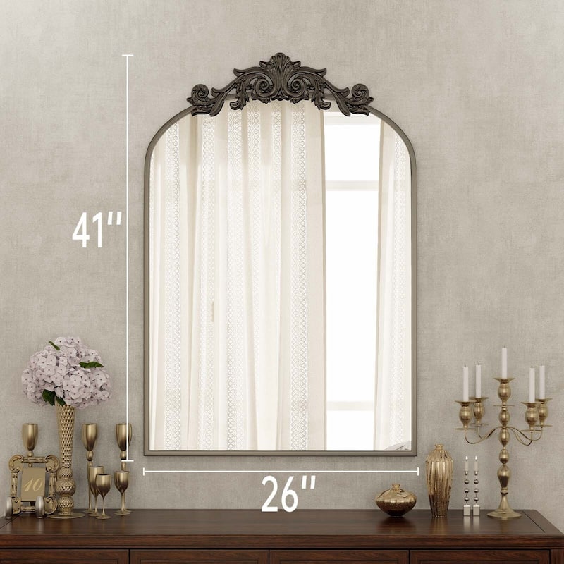 Metal Arch-top Bathroom Mirror with Baroque flower - Black - 26x41
