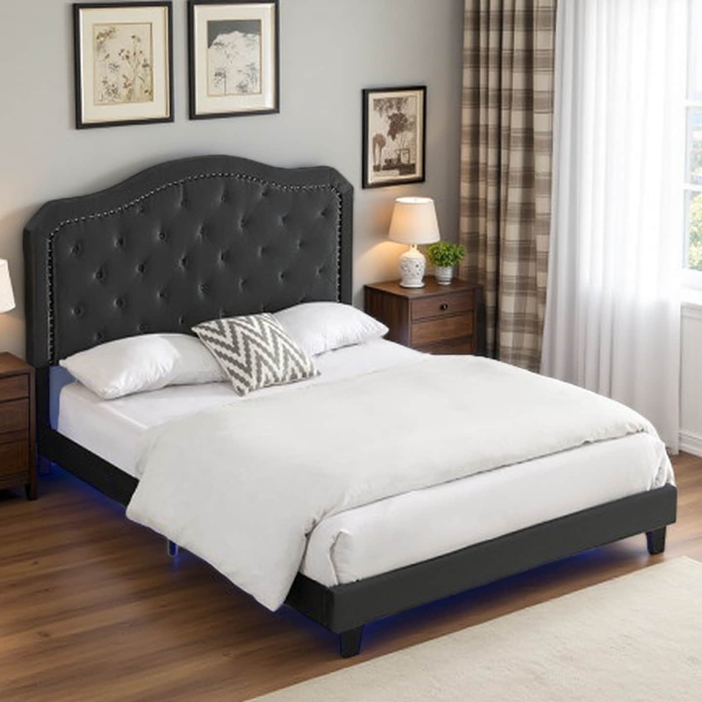 Queen Size Upholstered Platform Bed with Button Tufting, Curved Design, Black Velvet, LED Lights, Strong Wood Slat Support