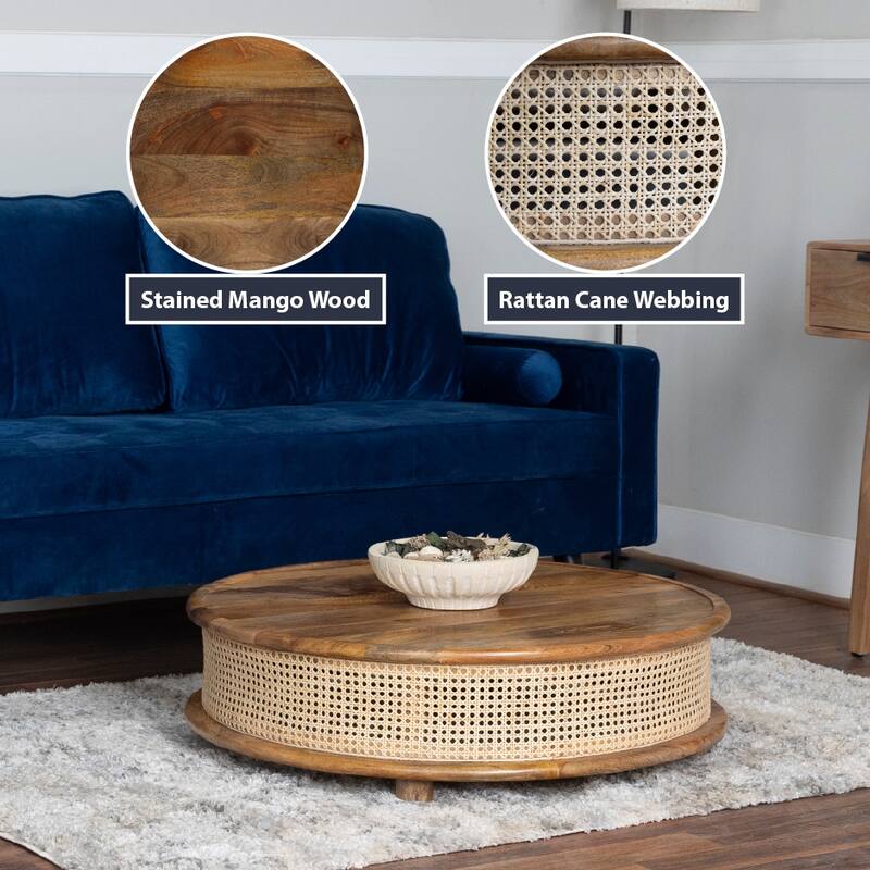 Round Mango Wood Coffee Table with Cane Webbing - 36" Natural Finish, Low-Profile, Pre-Assembled