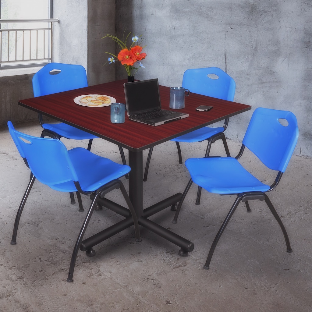 48 in. Square Breakroom Table- Mahogany & 4 'M' Stack Chairs- Blue