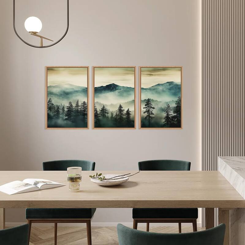 Green Foggy Forest Mountain Framed Canvas Wall Art Set