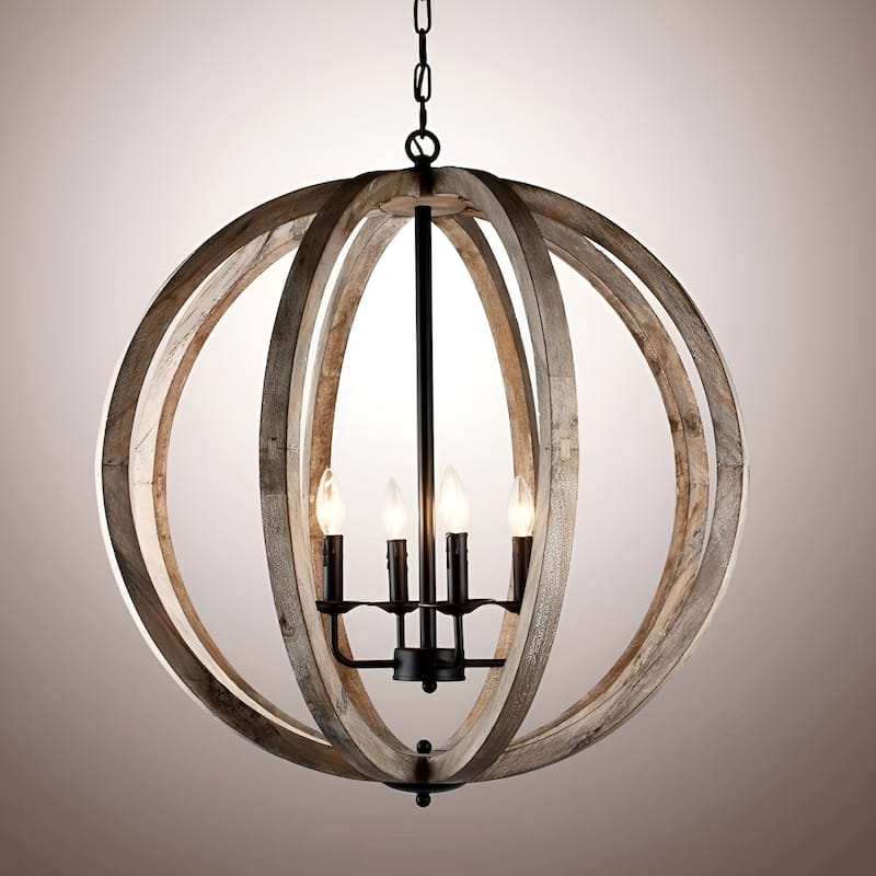 4 - Light Antique Black Natural Wood Orb Chandelier