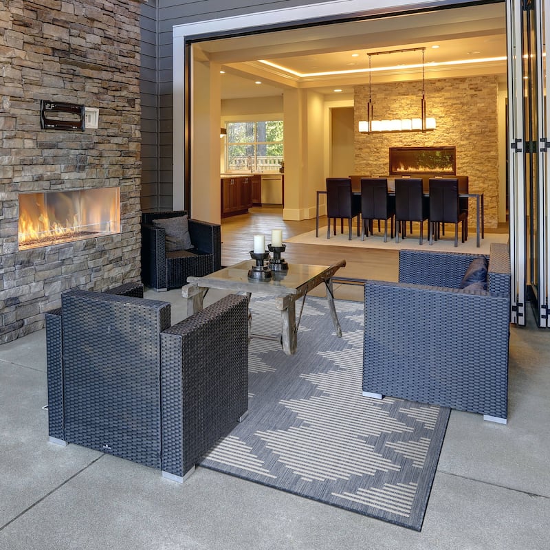Beverly Rug Blue Geometric Indoor Outdoor Rug, Outside Carpet for Patio, Deck, Porch