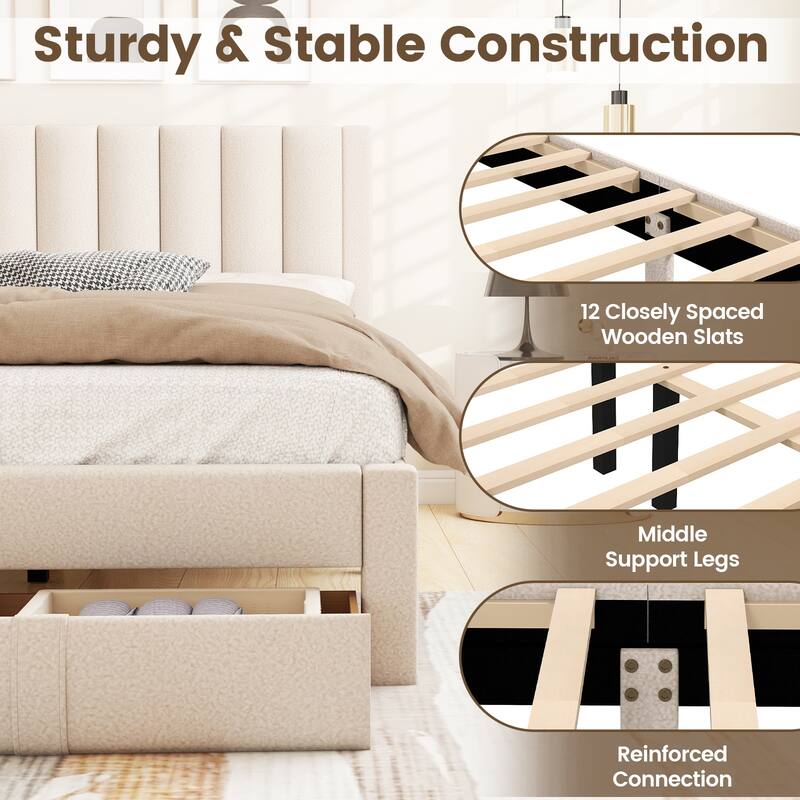 Gymax Queen Size Bed Frame w/Storage Drawer & Vertical Channel