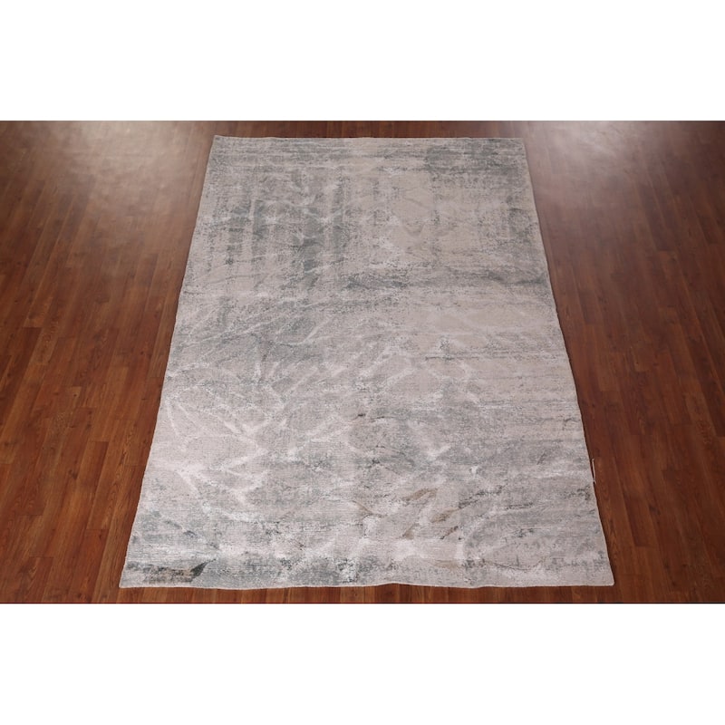 All-Over Abstract Indian Area Rug Handmade Beige Wool Carpet - 5'6"x 7'11"