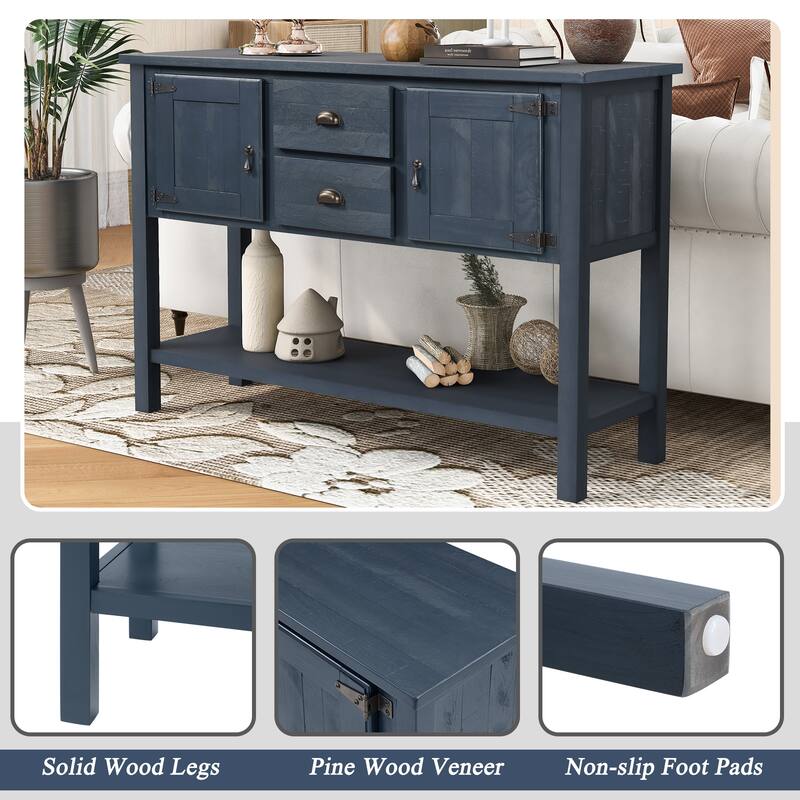 Solid Wood Sideboard Console Table, Storage Cabinet with 2 Drawers & Cabinets, Buffet Cabinet with Bottom Shelf