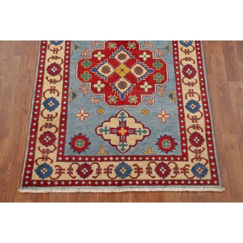Blue Geometric Kazak Oriental Accent Rug Handmade Wool Carpet - 3'4" x 4'9"