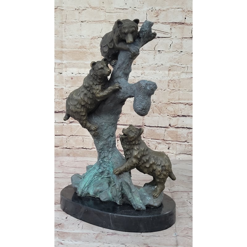 Bear Family Looking For Honey In A Tree - Bronze Sculpture Decor On Marble Base